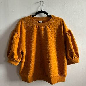 Quilted Golden Orange Cozy Girl Fall Sweatshirt, 3/4 drop shoulder puff sleeves